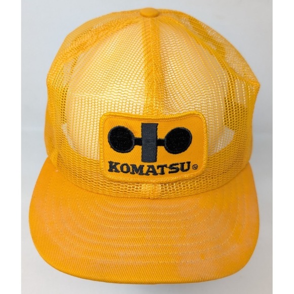 Komatsu Excavator Patch Yellow Louisville All Full Mesh Trucker Hat Snapback VTG